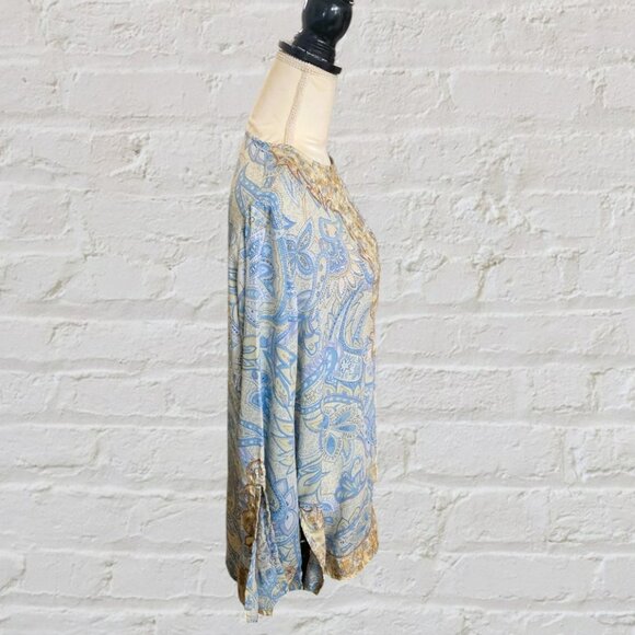 Brownstone Studio Blue & Tan Paisley Designed Long Sleeve Elegant Tunic Blouse - Picture 2 of 5